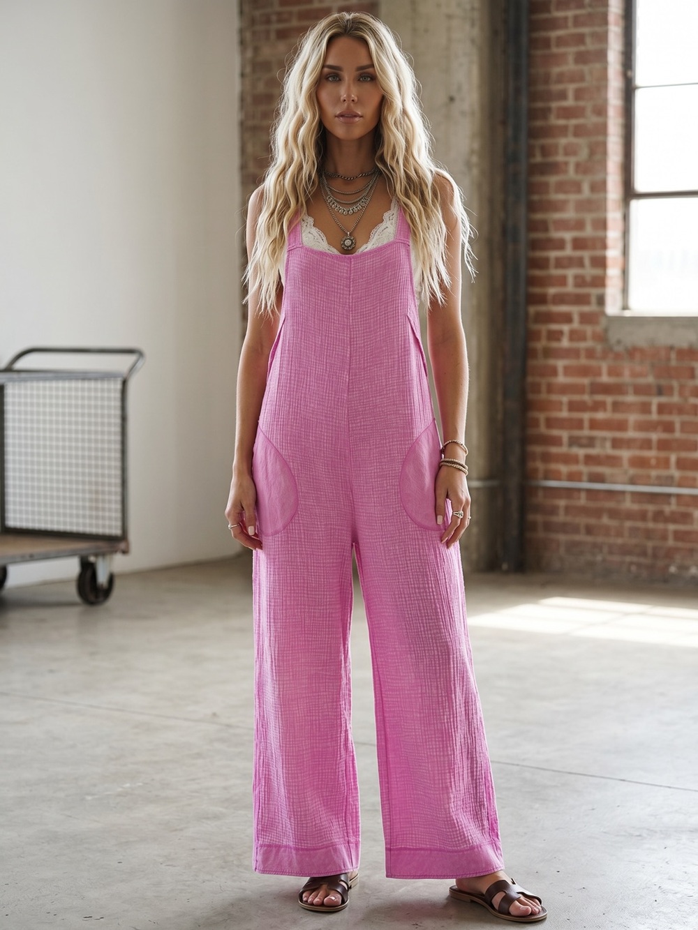 NWT Washed Barbie Pink Gauze Textured Open Back Pocket Jumper Jumpsuit Overalls